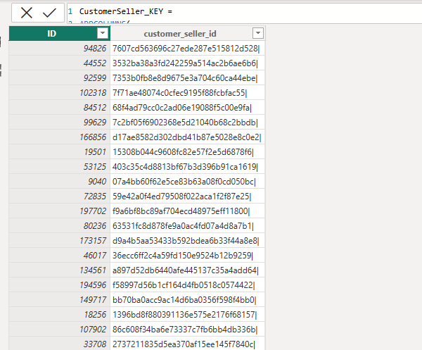 DAX table structure showing integer surrogate key assignments